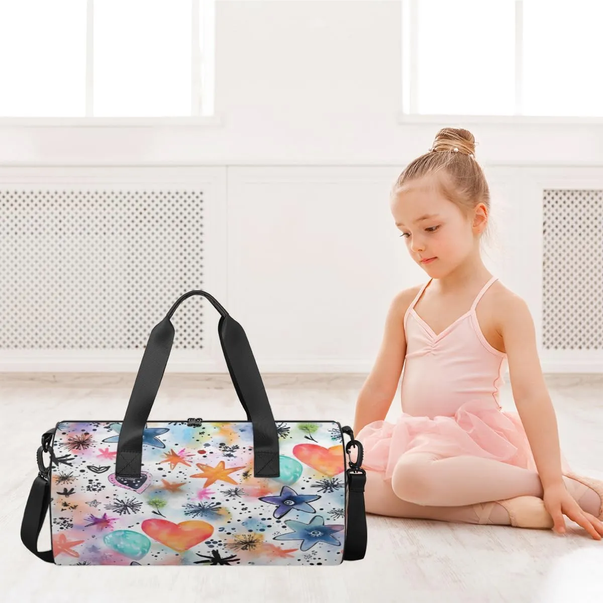 Watercolor Stars Hearts Sports Duffel Bag with Shoulder Strap, Large Capacity Gym Bag with Shoe Compartment, Water Resistant Travel Duffle Bag for Men Women Travel, Sports (17.6x9x9 Inch)