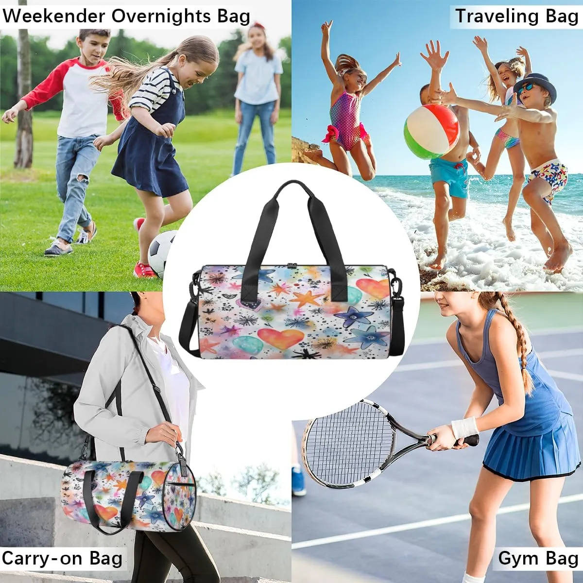 Watercolor Stars Hearts Sports Duffel Bag with Shoulder Strap, Large Capacity Gym Bag with Shoe Compartment, Water Resistant Travel Duffle Bag for Men Women Travel, Sports (17.6x9x9 Inch)