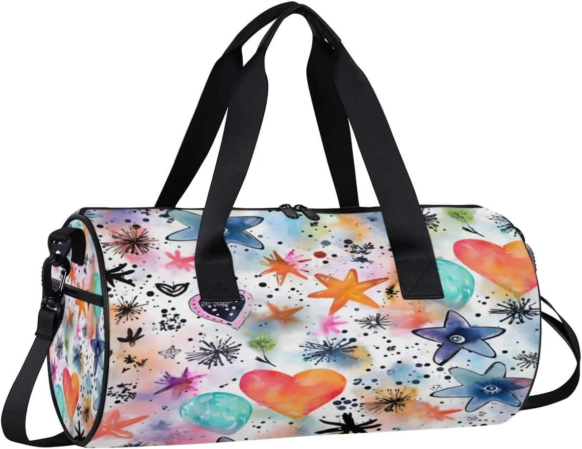 Watercolor Stars Hearts Sports Duffel Bag with Shoulder Strap, Large Capacity Gym Bag with Shoe Compartment, Water Resistant Travel Duffle Bag for Men Women Travel, Sports (17.6x9x9 Inch)