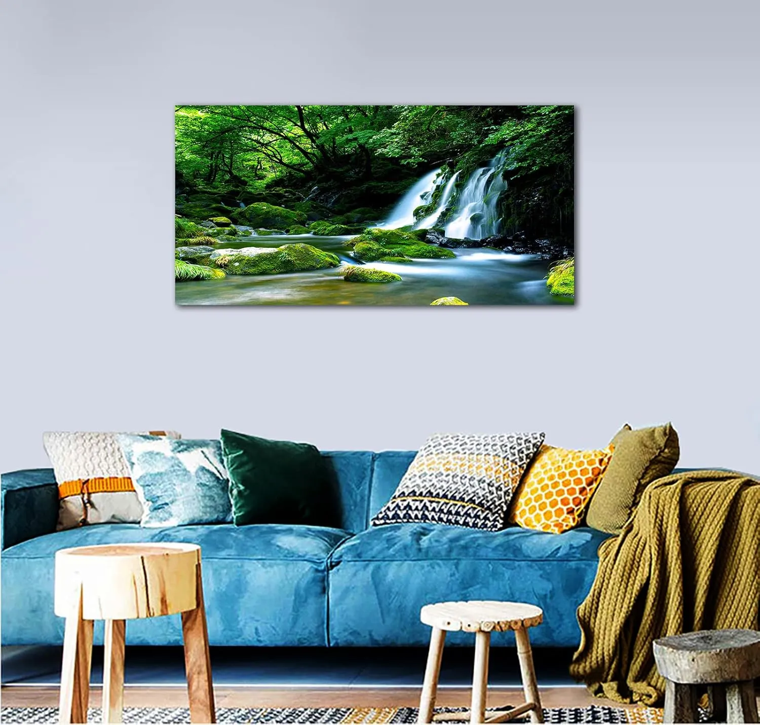Waterfall Canvas Wall Art Living Room Decoration Large Nature Picture Artwork Modern Wall Art Landscape Green Forest for Kitchen Office Wall Decor Home Decorations Framed Ready to Hang 20" x 40"