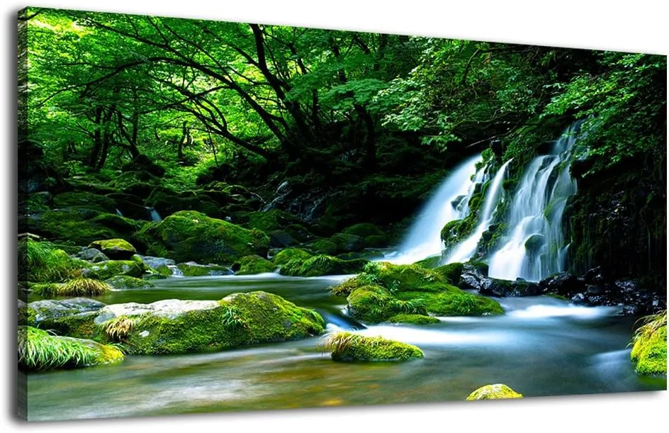 Waterfall Canvas Wall Art Living Room Decoration Large Nature Picture Artwork Modern Wall Art Landscape Green Forest for Kitchen Office Wall Decor Home Decorations Framed Ready to Hang 20" x 40"