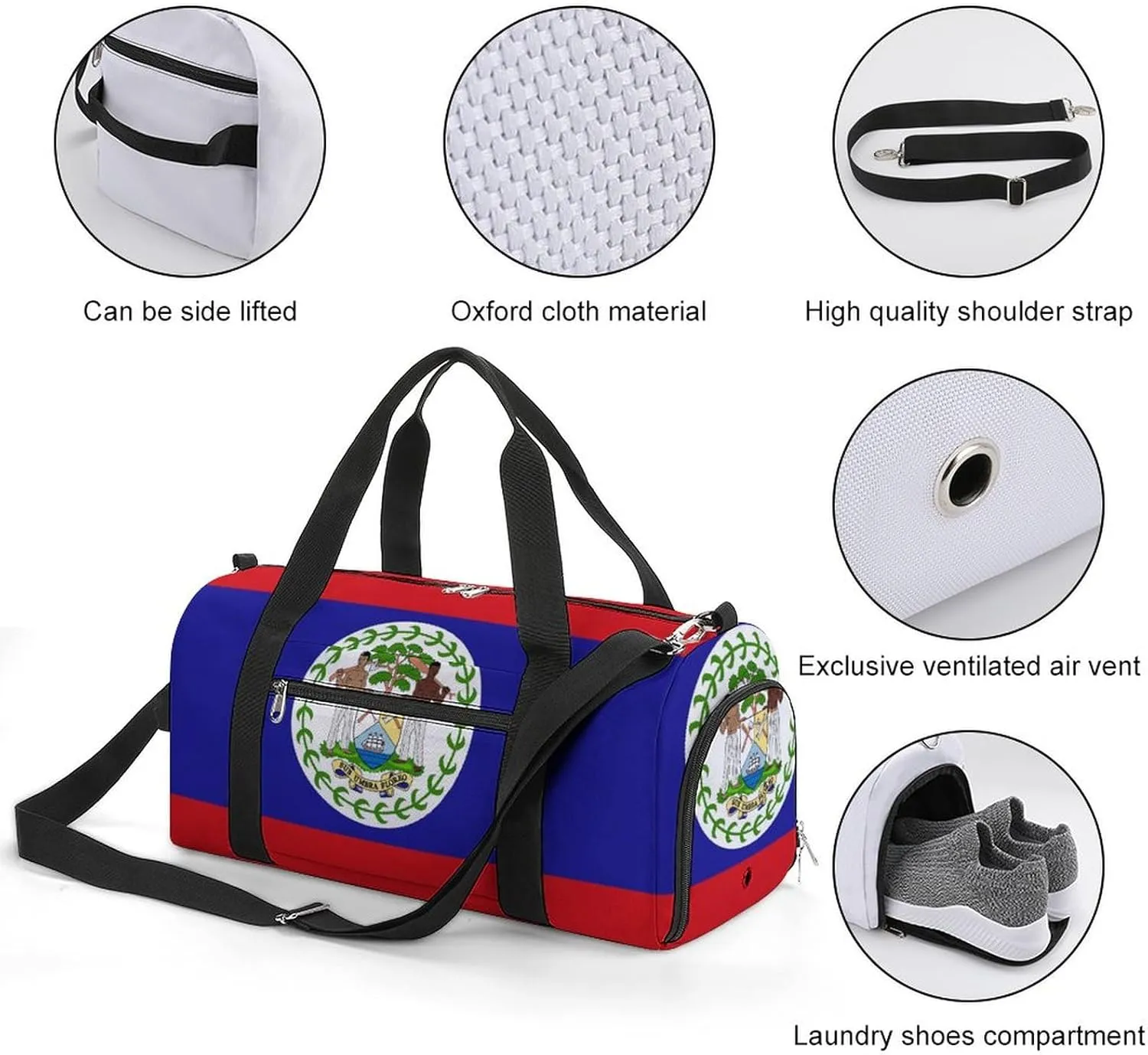 Waterproof Belize Flag Sports Duffel Bag for Men Women with Shoe Compartment and Wet Pocket