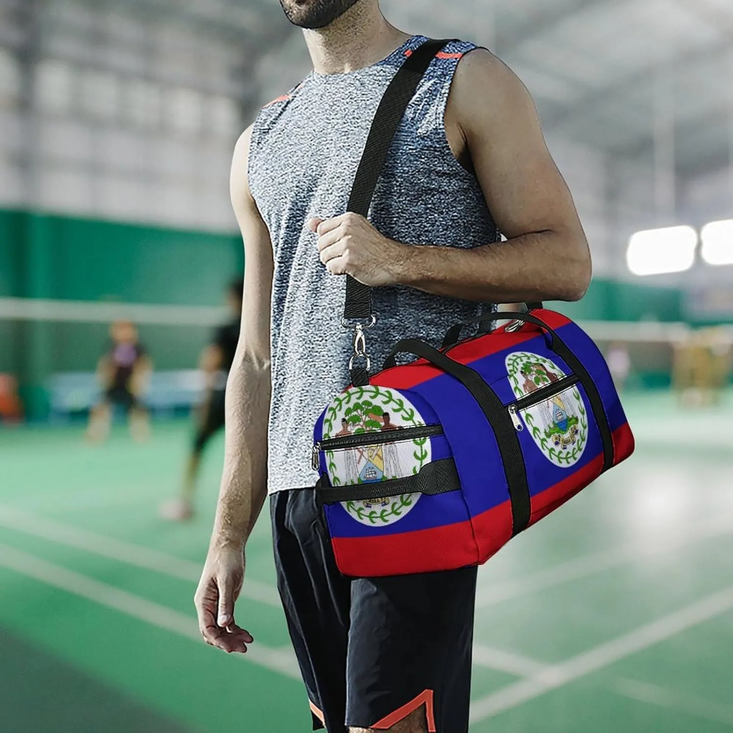 Waterproof Belize Flag Sports Duffel Bag for Men Women with Shoe Compartment and Wet Pocket
