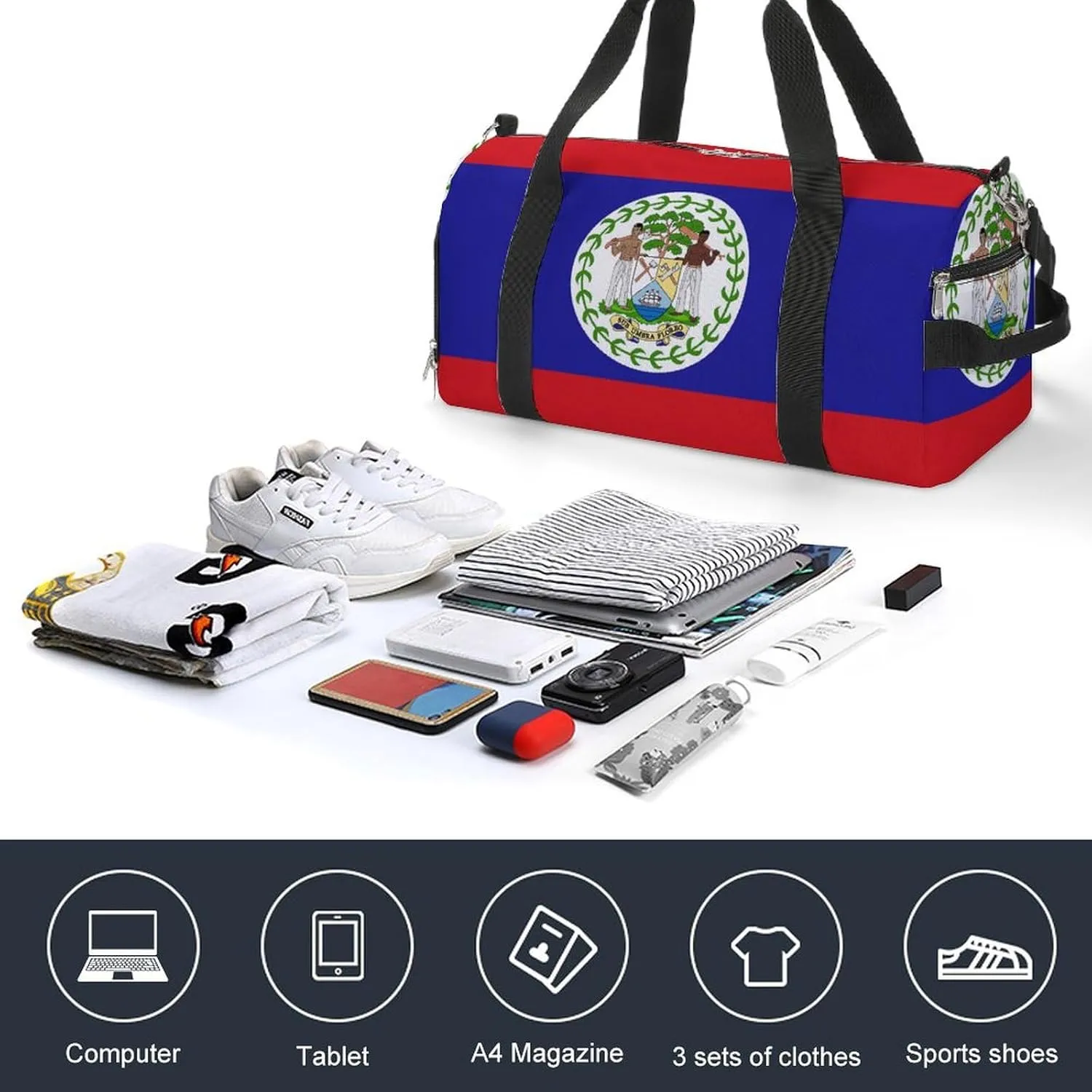 Waterproof Belize Flag Sports Duffel Bag for Men Women with Shoe Compartment and Wet Pocket