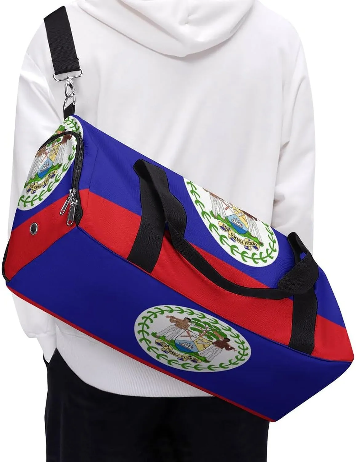Waterproof Belize Flag Sports Duffel Bag for Men Women with Shoe Compartment and Wet Pocket