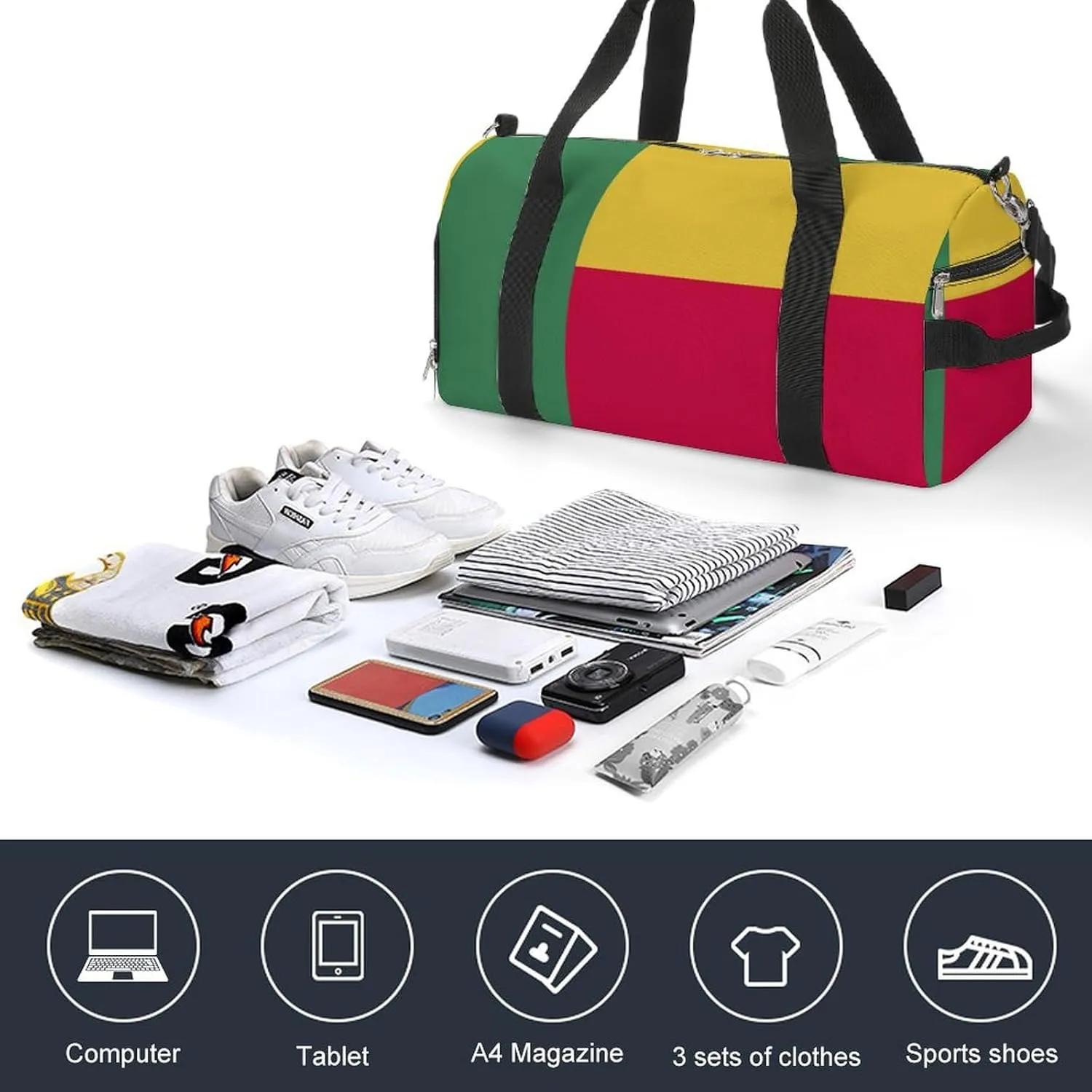 Waterproof Benin Flag Sports Duffel Bag for Men Women with Shoe Compartment and Wet Pocket