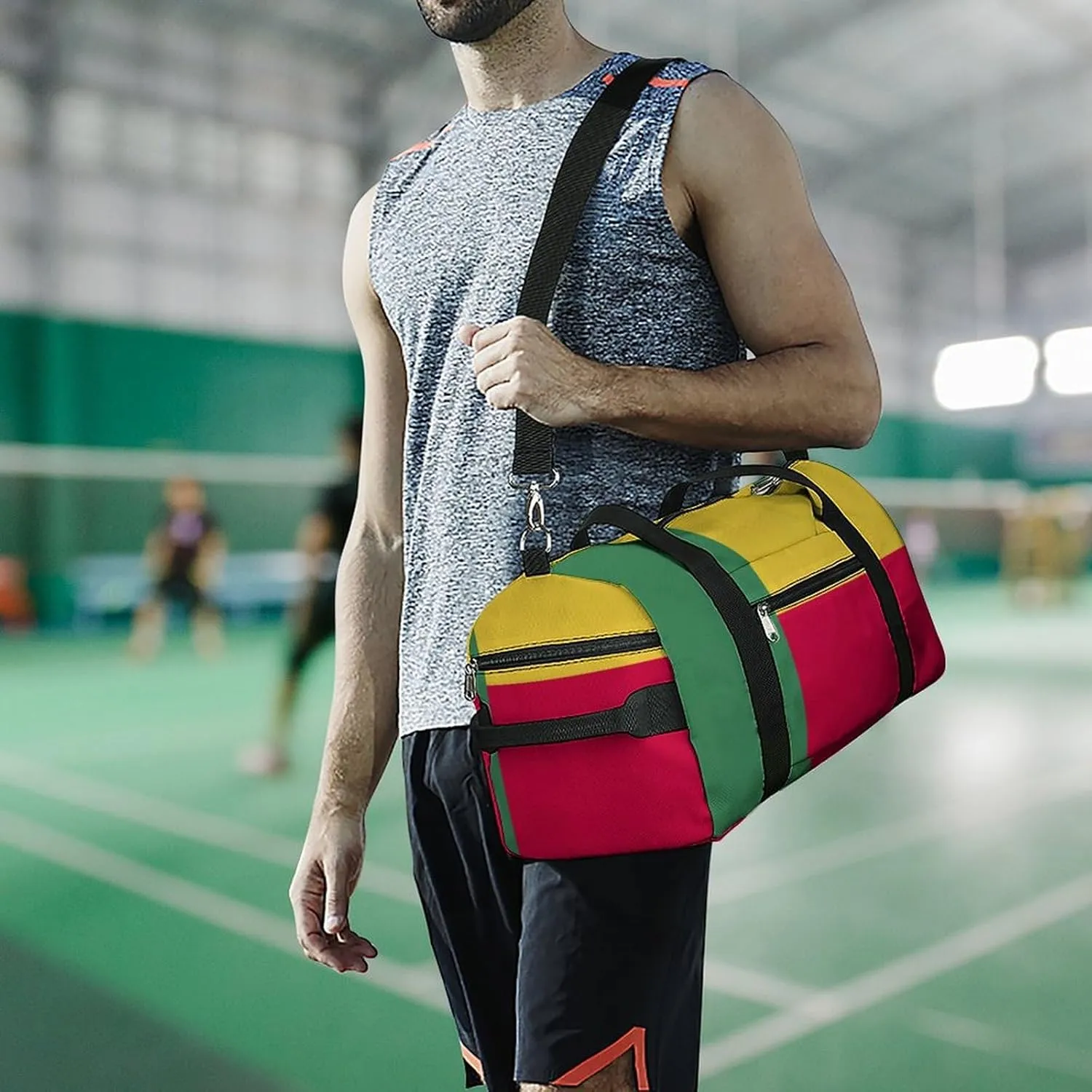 Waterproof Benin Flag Sports Duffel Bag for Men Women with Shoe Compartment and Wet Pocket