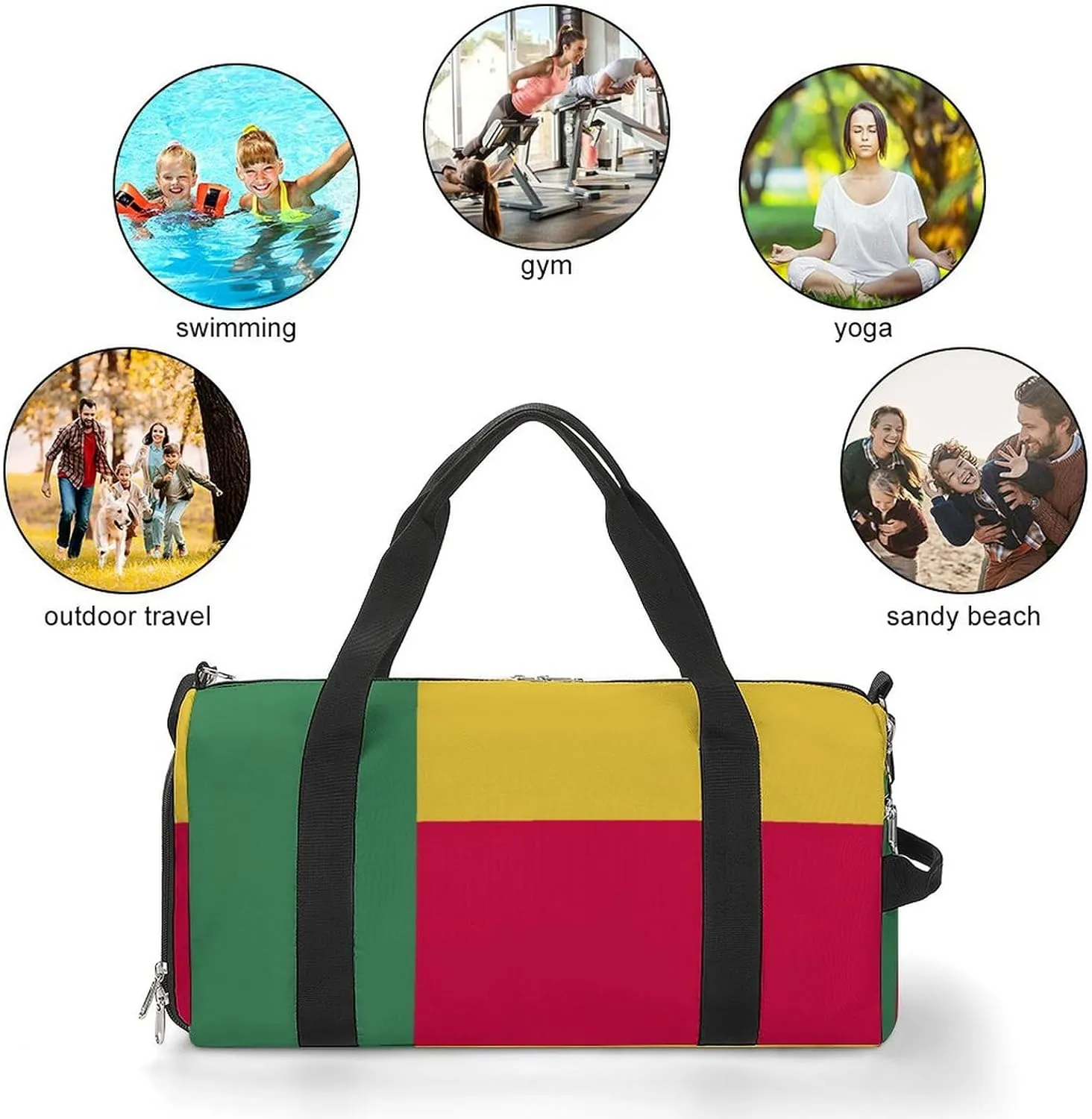 Waterproof Benin Flag Sports Duffel Bag for Men Women with Shoe Compartment and Wet Pocket