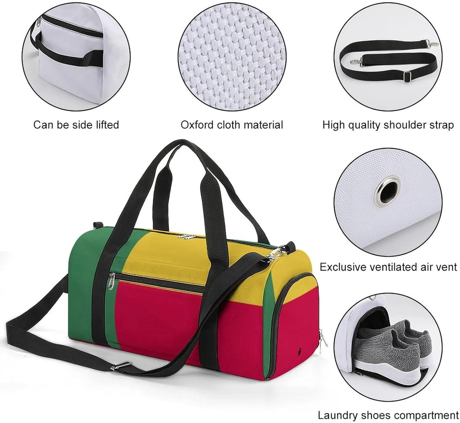 Waterproof Benin Flag Sports Duffel Bag for Men Women with Shoe Compartment and Wet Pocket