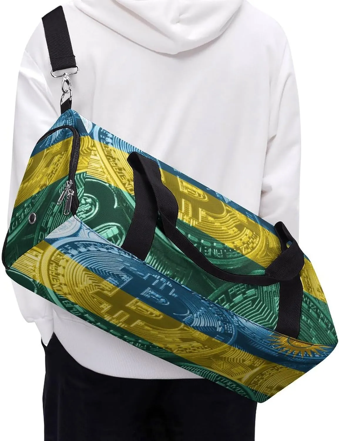 Waterproof Rwanda Flag Bitcoin Duffel Bag with Shoe Compartment Gym Travel Yoga