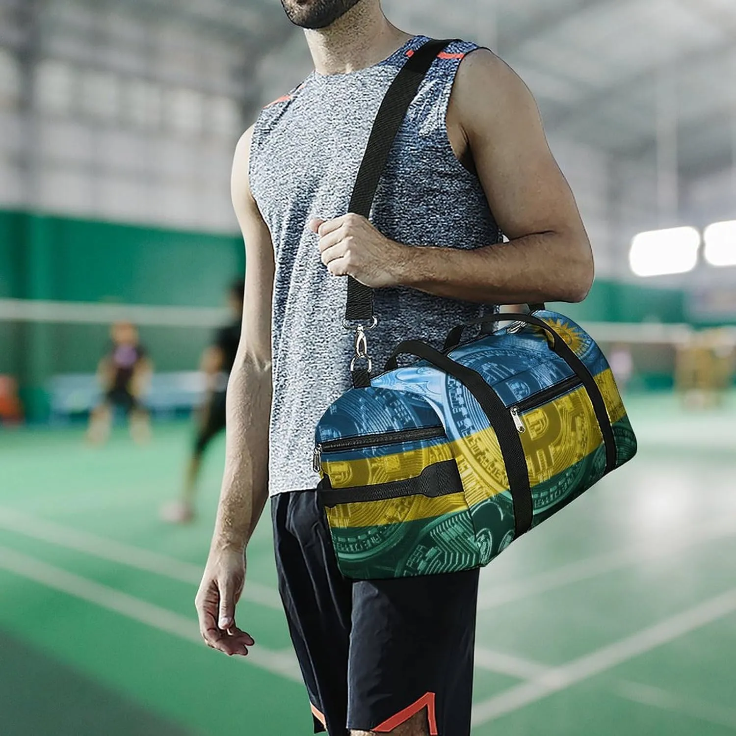 Waterproof Rwanda Flag Bitcoin Duffel Bag with Shoe Compartment Gym Travel Yoga