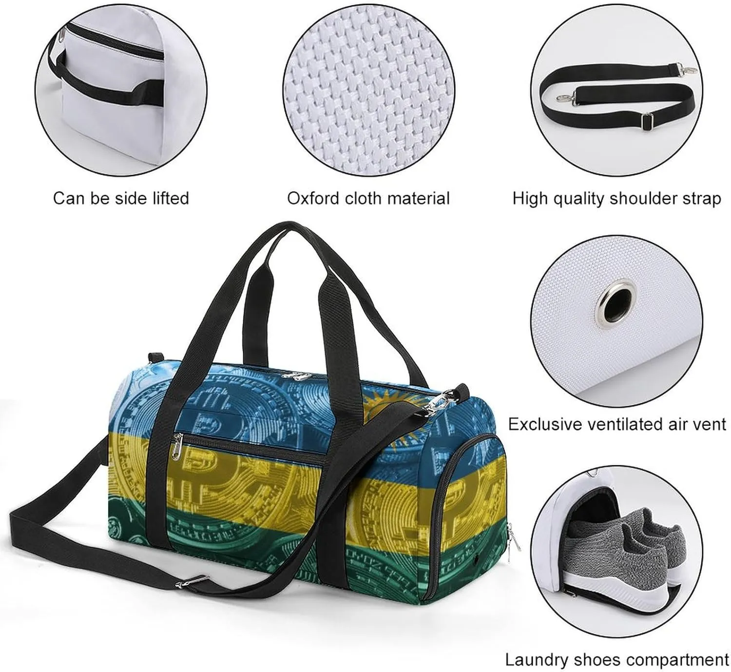 Waterproof Rwanda Flag Bitcoin Duffel Bag with Shoe Compartment Gym Travel Yoga