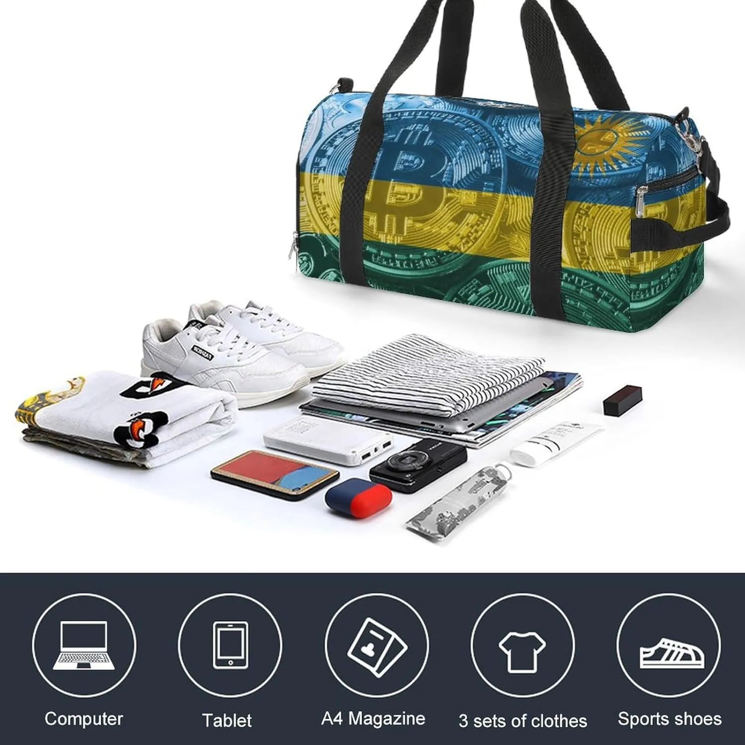 Waterproof Rwanda Flag Bitcoin Duffel Bag with Shoe Compartment Gym Travel Yoga