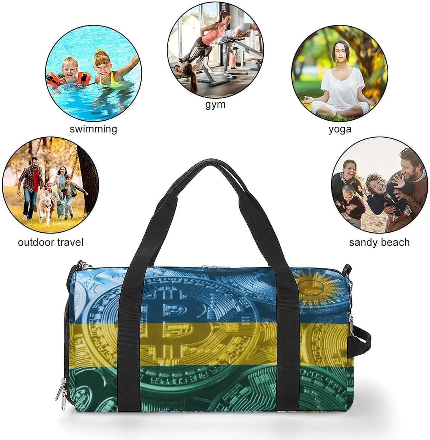 Waterproof Rwanda Flag Bitcoin Duffel Bag with Shoe Compartment Gym Travel Yoga