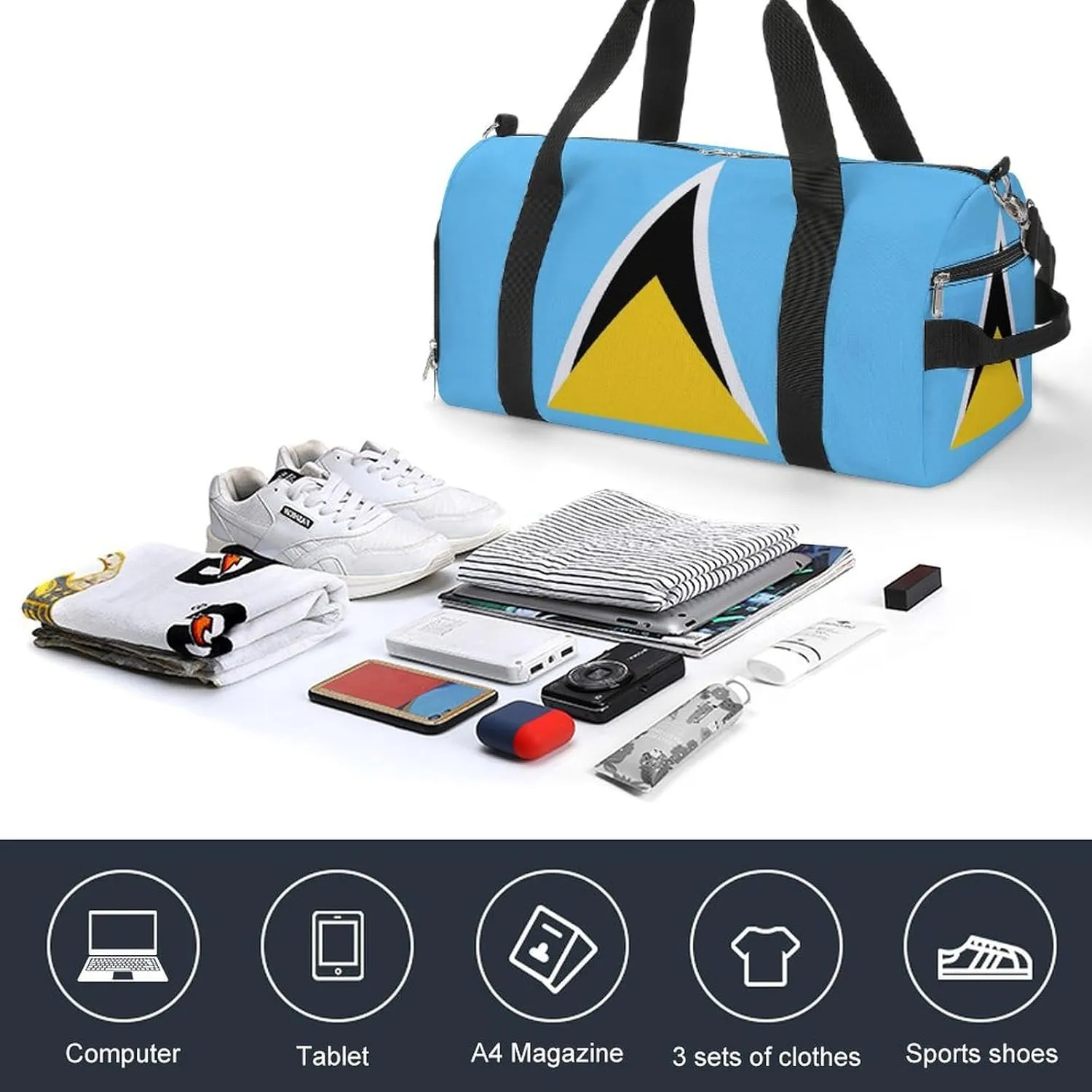 Waterproof Saint Lucia Flag Gym Bag for Men Women with Shoe Compartment Tote