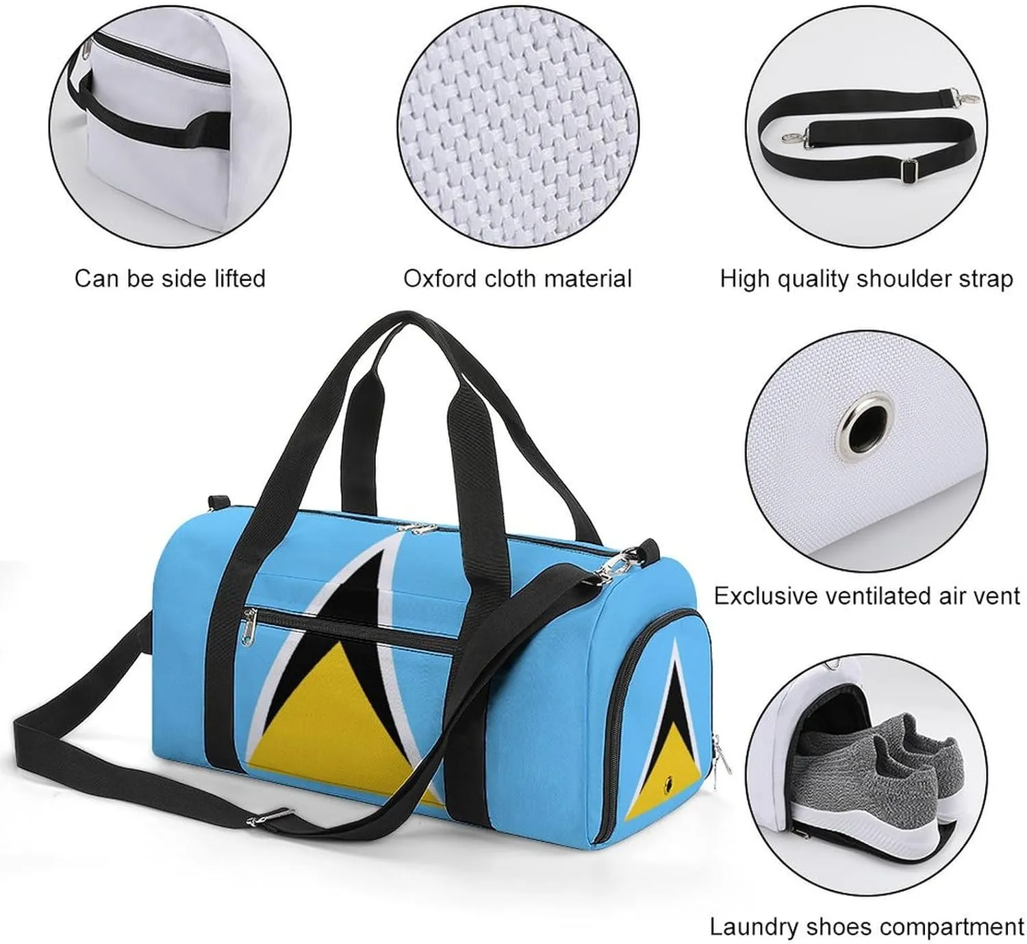 Waterproof Saint Lucia Flag Gym Bag for Men Women with Shoe Compartment Tote