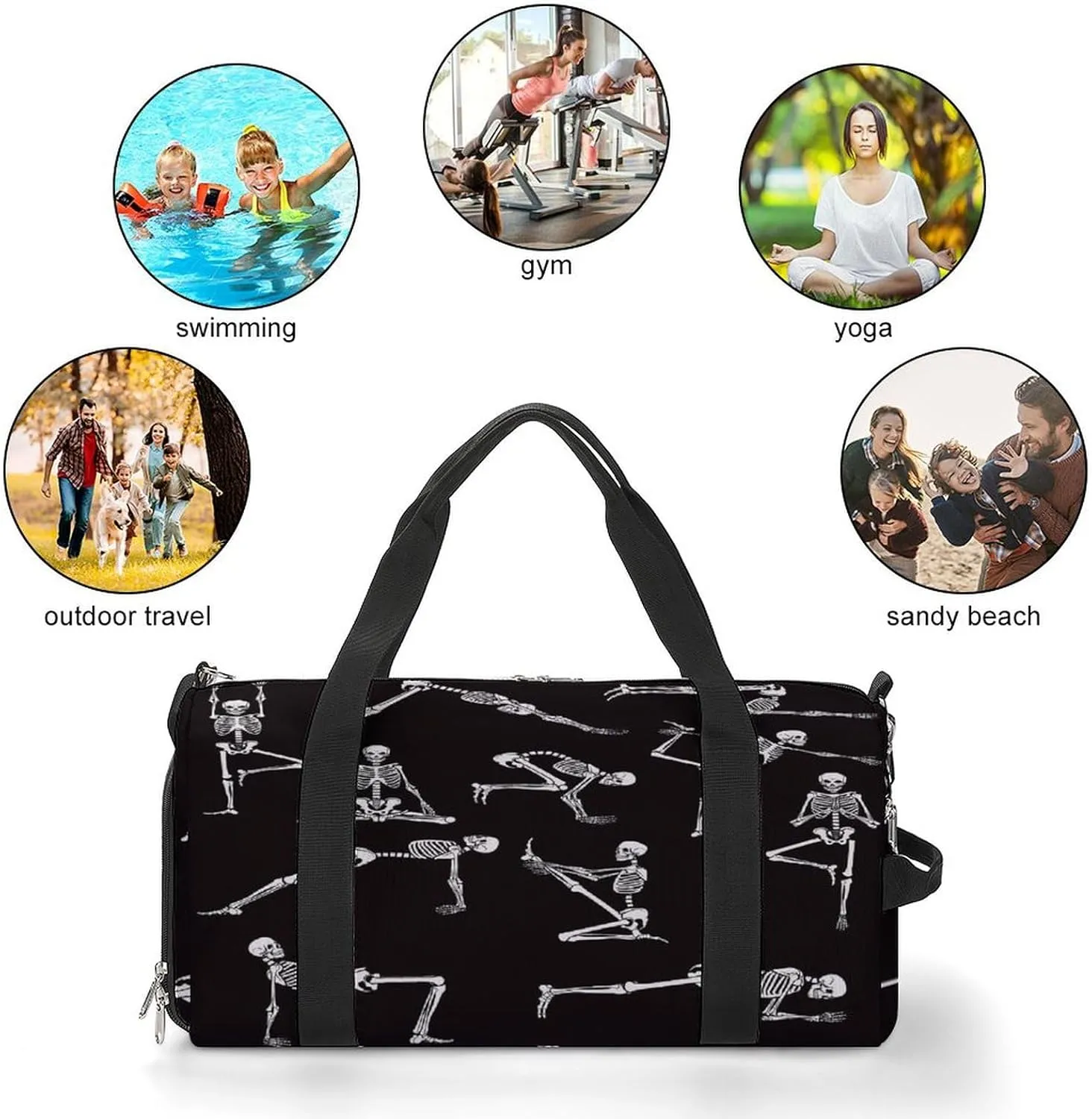 Waterproof Skeleton Poses Yoga Travel Duffel Bag with Shoe Compartment Gym Weekender