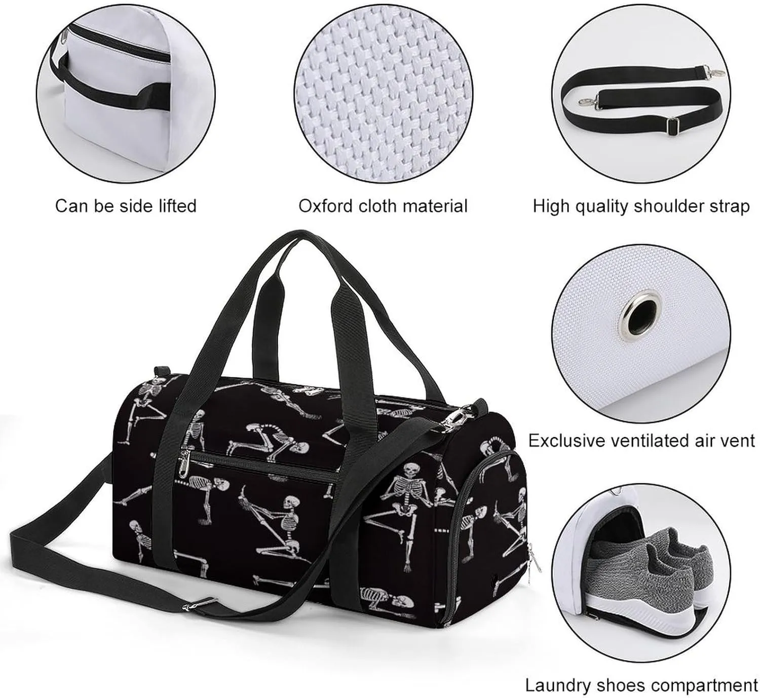 Waterproof Skeleton Poses Yoga Travel Duffel Bag with Shoe Compartment Gym Weekender