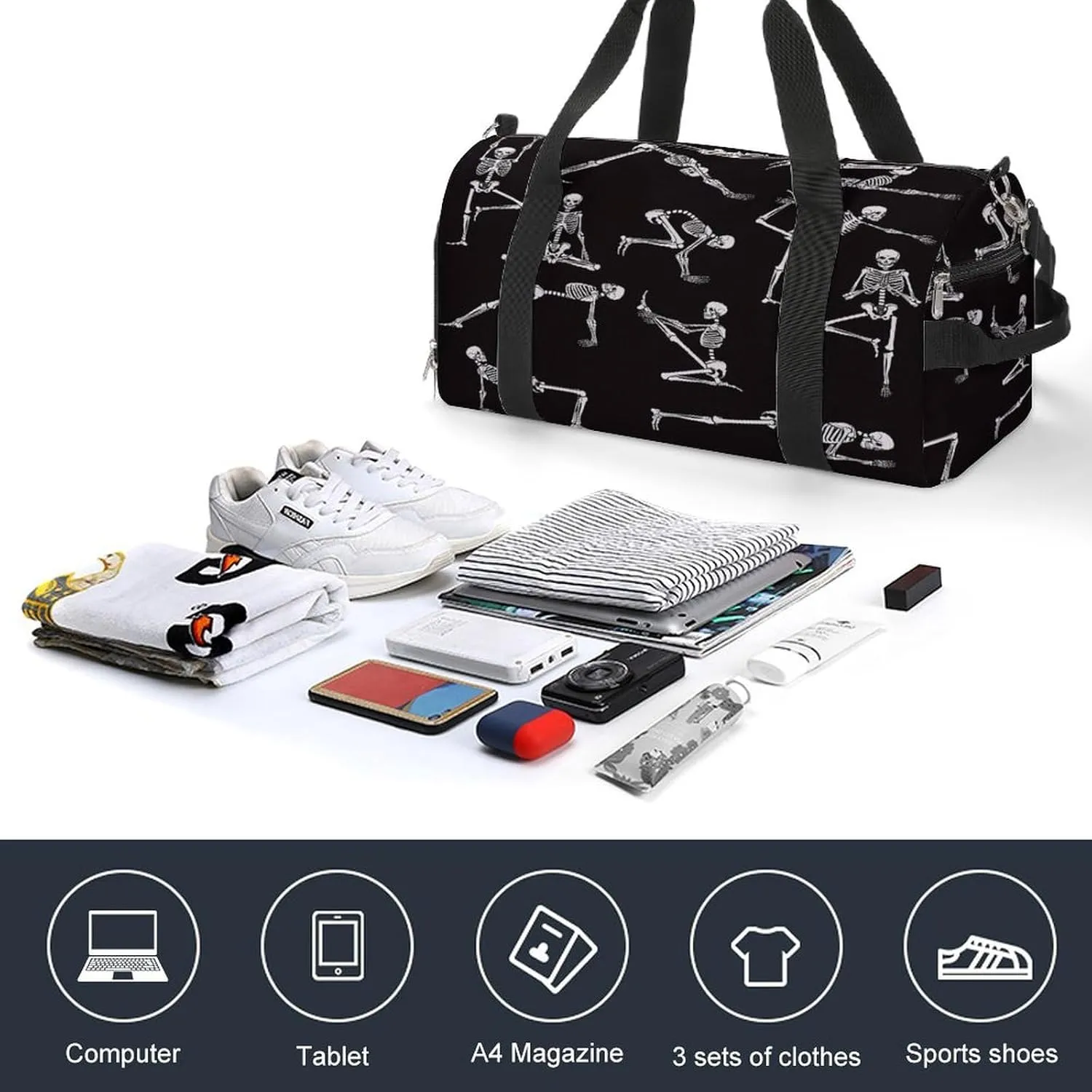 Waterproof Skeleton Poses Yoga Travel Duffel Bag with Shoe Compartment Gym Weekender