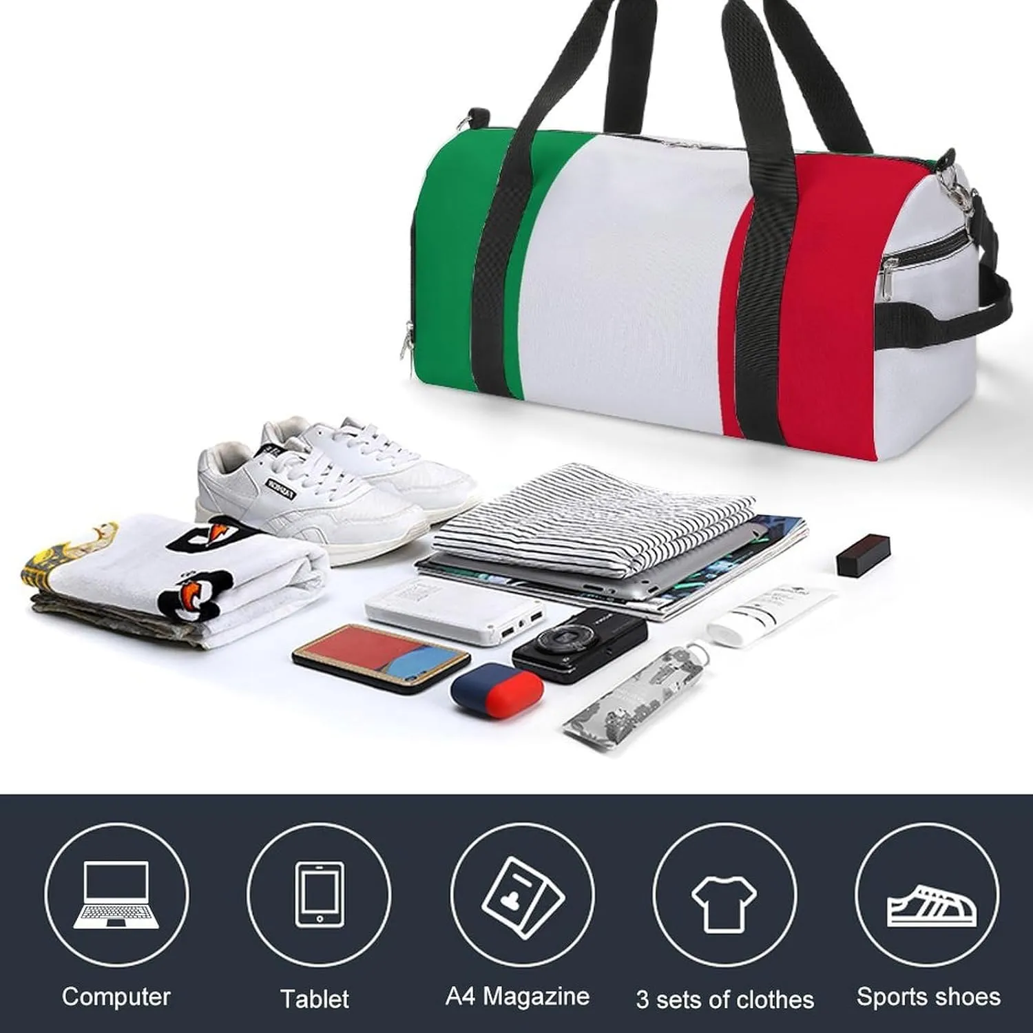 Waterproof Travel Duffel Bag Italian Flag for Men Women Shoe Compartment