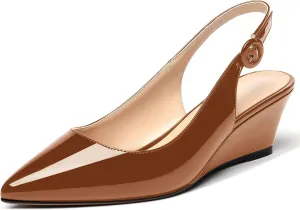 WAYDERNS Women's Pointed Toe Patent Slingback Buckle Wedge Low Heel Pumps Cute Evening Dress Shoes 2 Inch