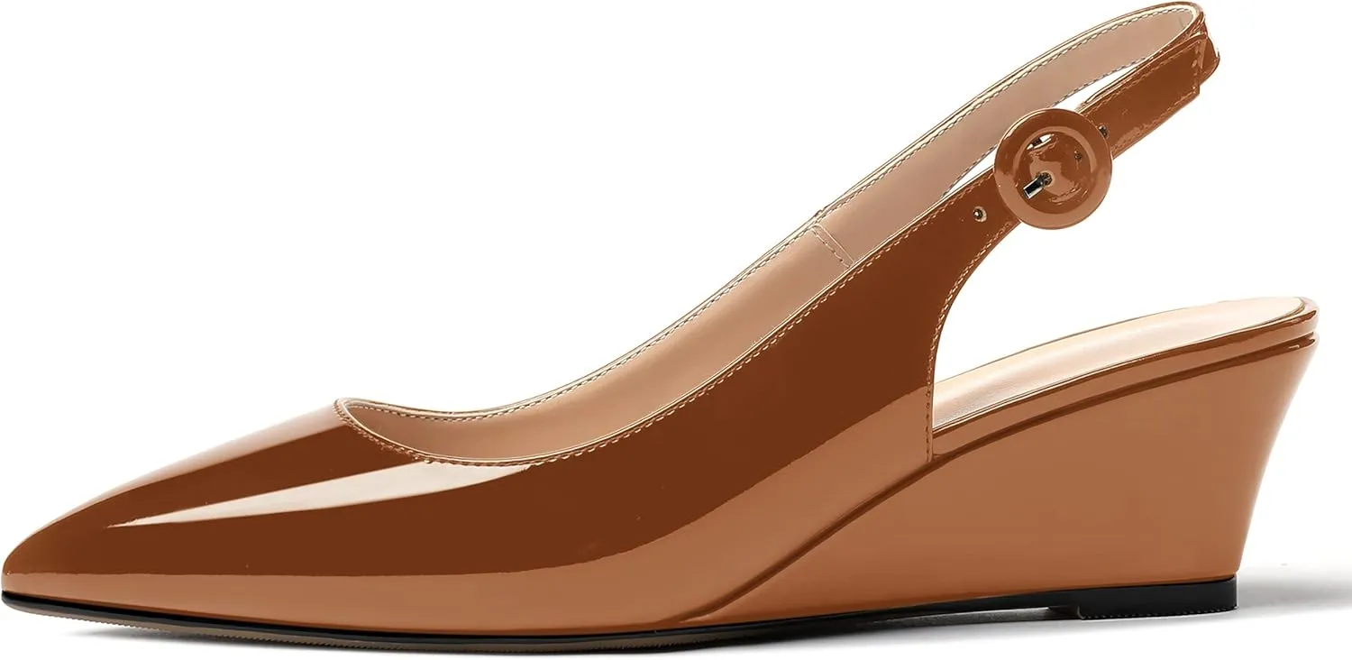 WAYDERNS Women's Pointed Toe Patent Slingback Buckle Wedge Low Heel Pumps Cute Evening Dress Shoes 2 Inch