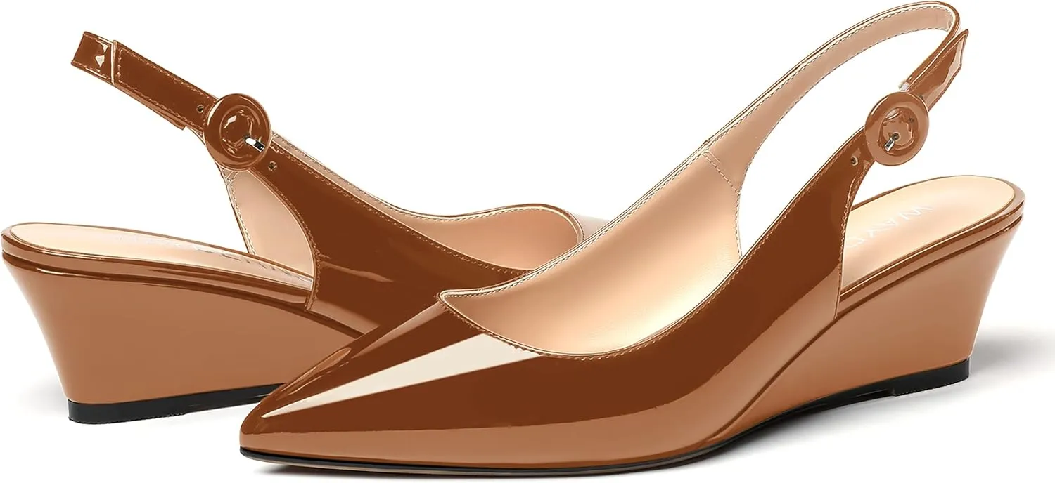 WAYDERNS Women's Pointed Toe Patent Slingback Buckle Wedge Low Heel Pumps Cute Evening Dress Shoes 2 Inch