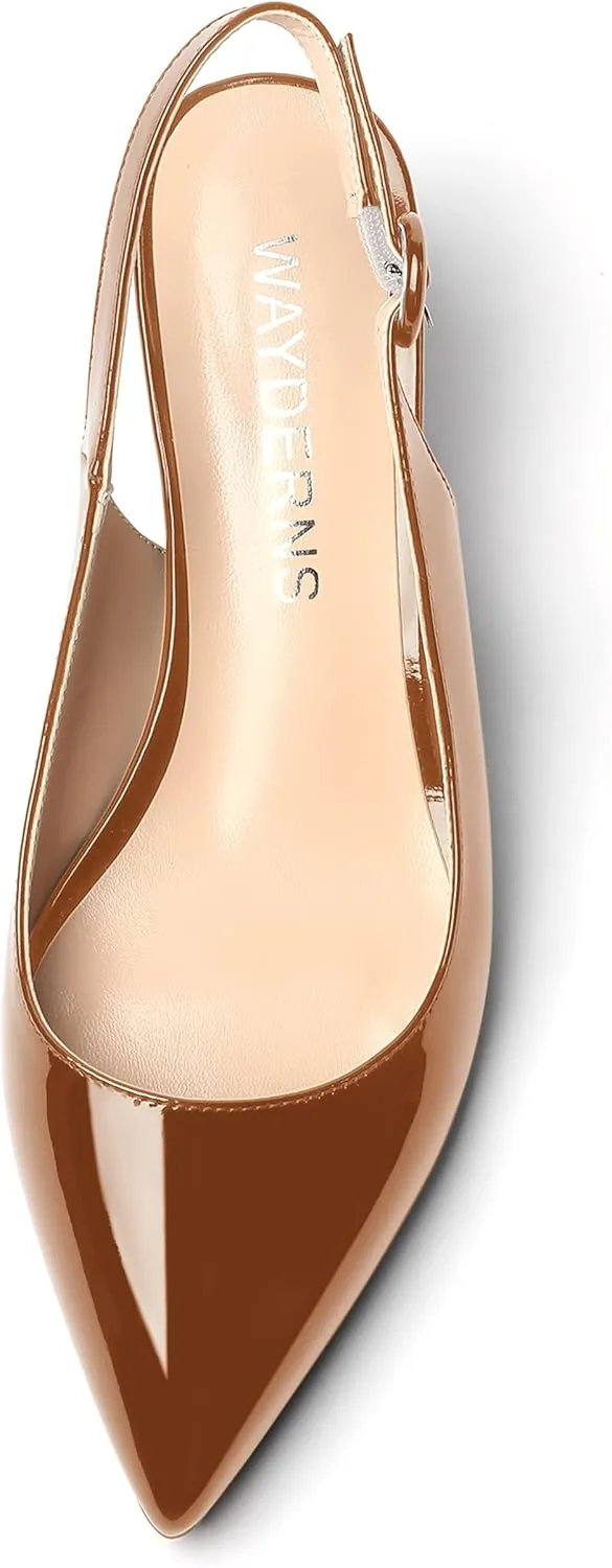 WAYDERNS Women's Pointed Toe Patent Slingback Buckle Wedge Low Heel Pumps Cute Evening Dress Shoes 2 Inch