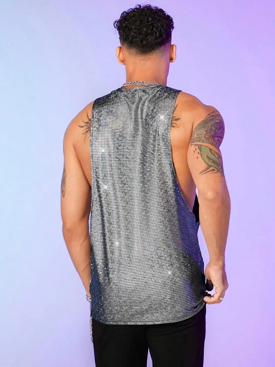 WDIRARA Men's Glitter Sequin Round Neck Sleeveless Tank Tops Cut Open Side Club Party T Shirt