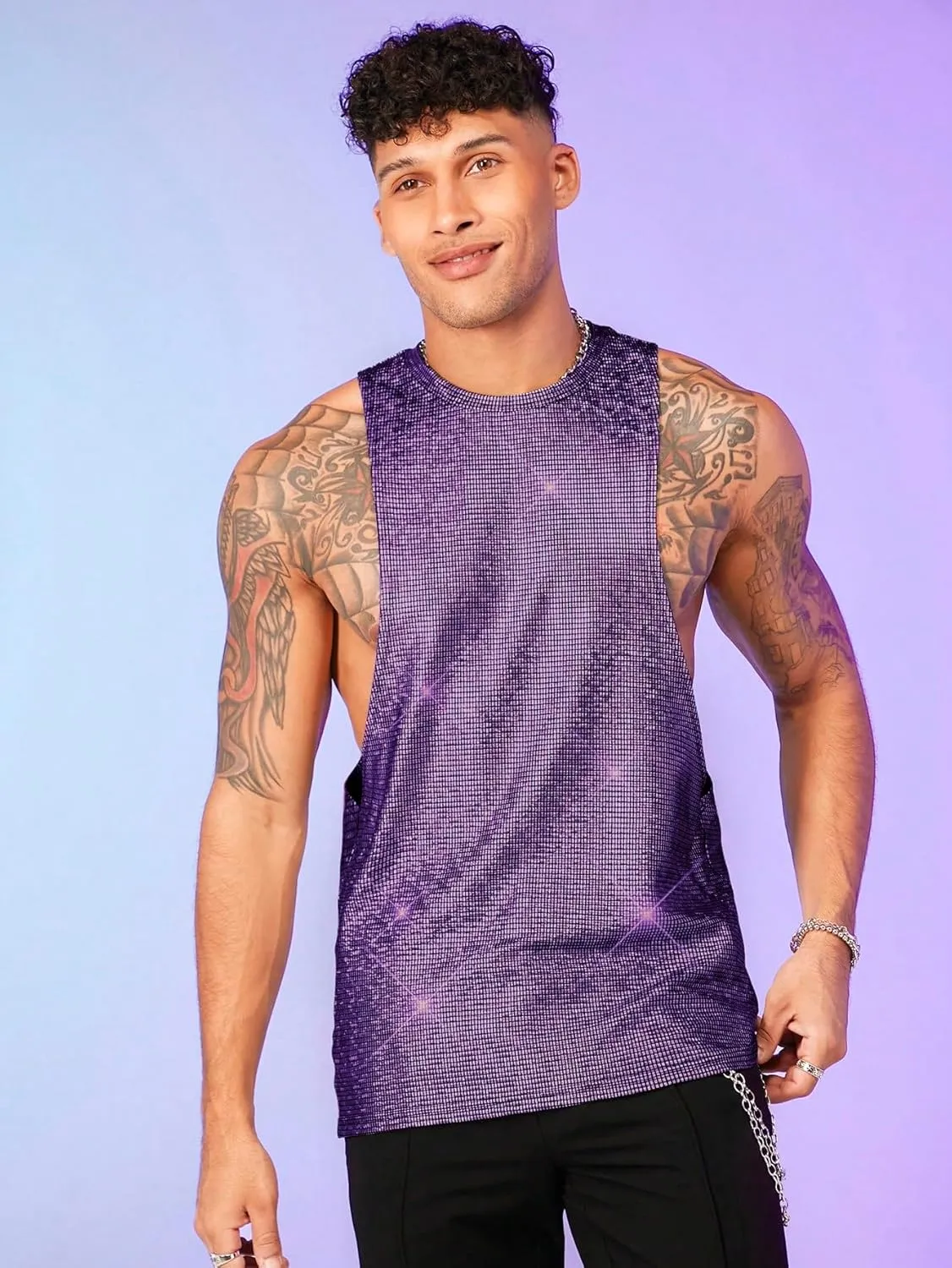 WDIRARA Men's Glitter Sequin Round Neck Sleeveless Tank Tops Cut Open Side Club Party T Shirt