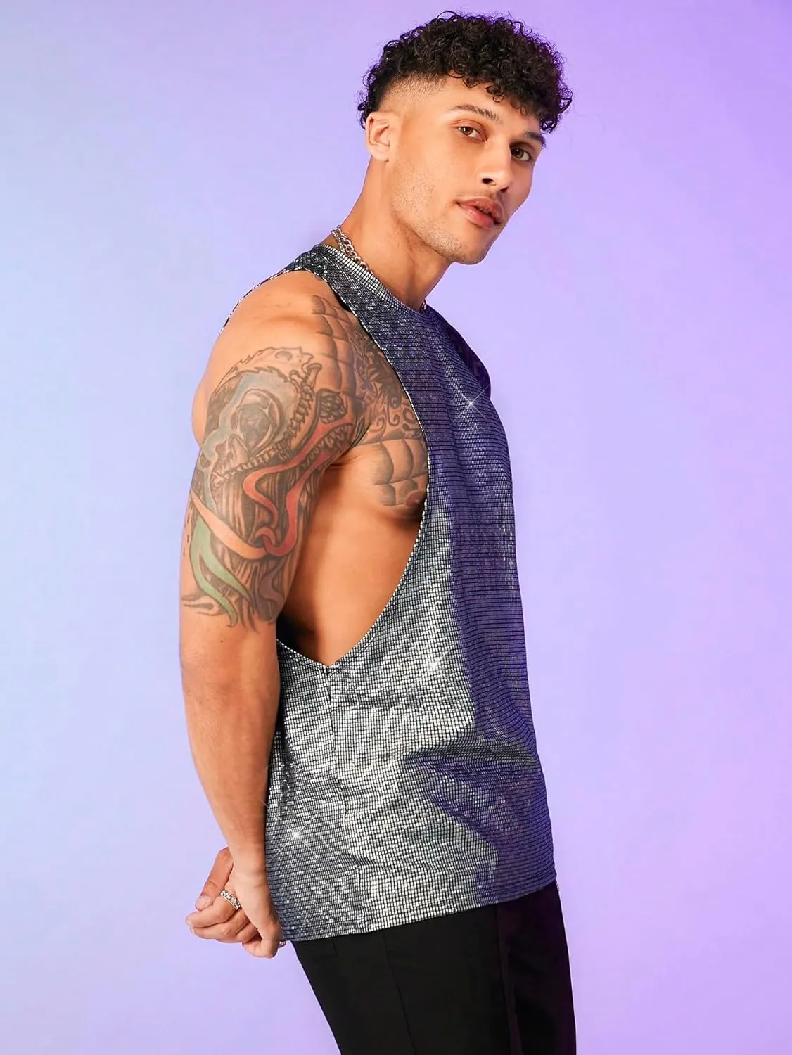 WDIRARA Men's Glitter Sequin Round Neck Sleeveless Tank Tops Cut Open Side Club Party T Shirt