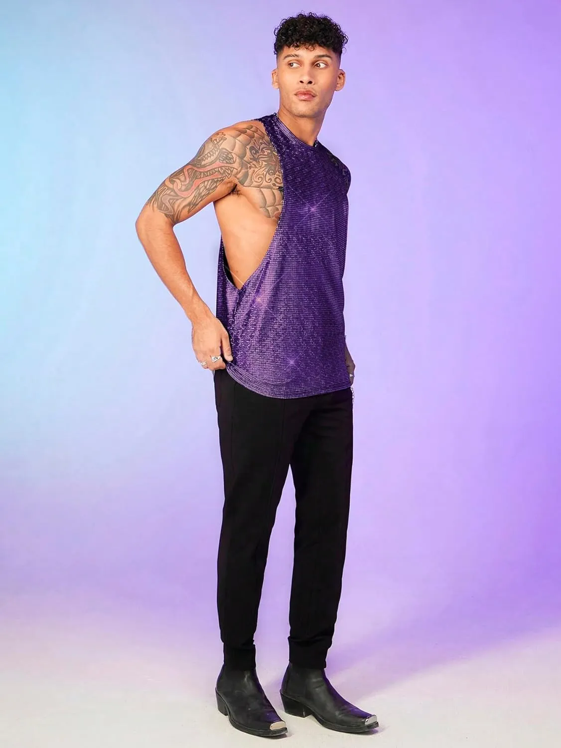 WDIRARA Men's Glitter Sequin Round Neck Sleeveless Tank Tops Cut Open Side Club Party T Shirt