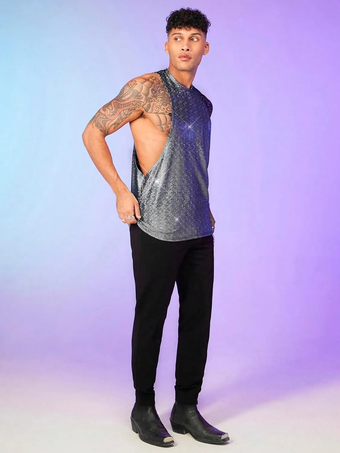 WDIRARA Men's Glitter Sequin Round Neck Sleeveless Tank Tops Cut Open Side Club Party T Shirt
