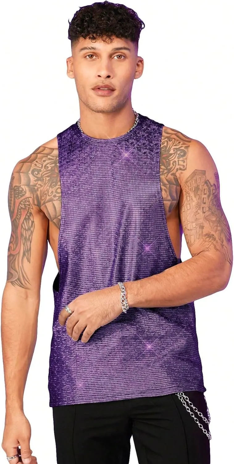 WDIRARA Men's Glitter Sequin Round Neck Sleeveless Tank Tops Cut Open Side Club Party T Shirt