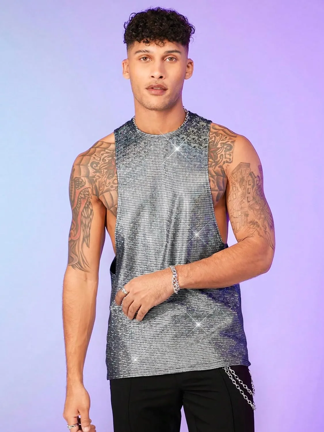 WDIRARA Men's Glitter Sequin Round Neck Sleeveless Tank Tops Cut Open Side Club Party T Shirt
