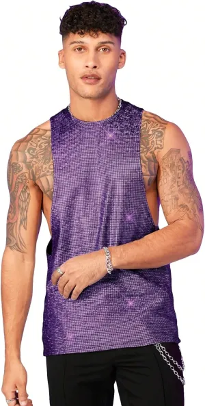 WDIRARA Men's Glitter Sequin Round Neck Sleeveless Tank Tops Cut Open Side Club Party T Shirt
