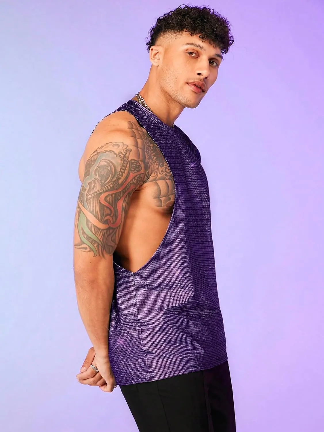 WDIRARA Men's Glitter Sequin Round Neck Sleeveless Tank Tops Cut Open Side Club Party T Shirt