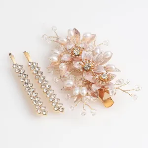 Wedding Hair Clips Set of 3 PCS - Floral Rhinestone Pearl Hair Accessories for Bridal Women (Gold)