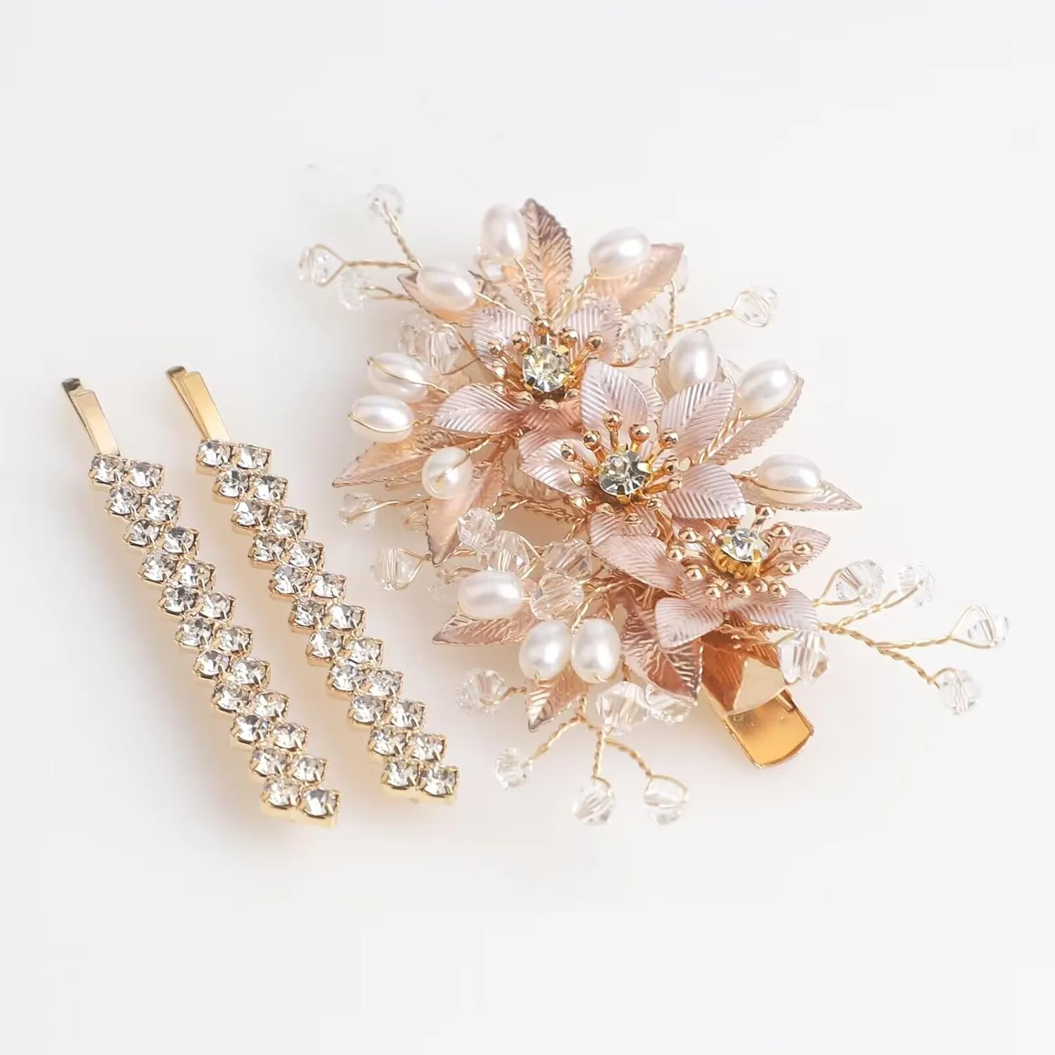 Wedding Hair Clips Set of 3 PCS - Floral Rhinestone Pearl Hair Accessories for Bridal Women (Gold)
