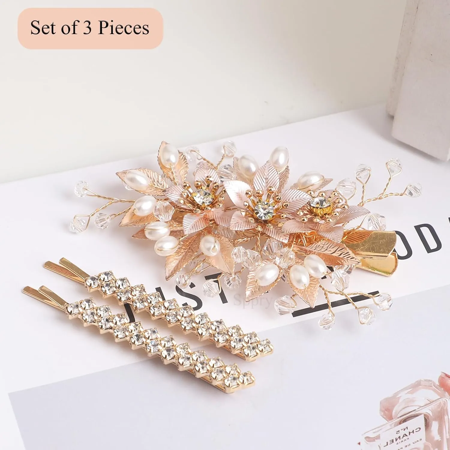 Wedding Hair Clips Set of 3 PCS - Floral Rhinestone Pearl Hair Accessories for Bridal Women (Gold)