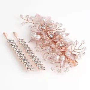 Wedding Hair Clips Set of 3 PCS - Floral Rhinestone Pearl Hair Accessories for Bridal Women (Rose Gold)