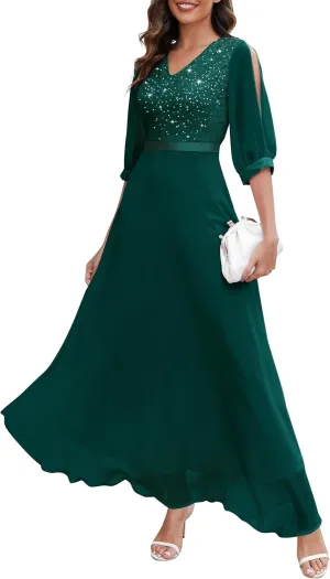Wedtrend Women's Sequin Dress Sparkly Glitter Dress Split Sleeves Formal Dresses Maxi Evening Dress