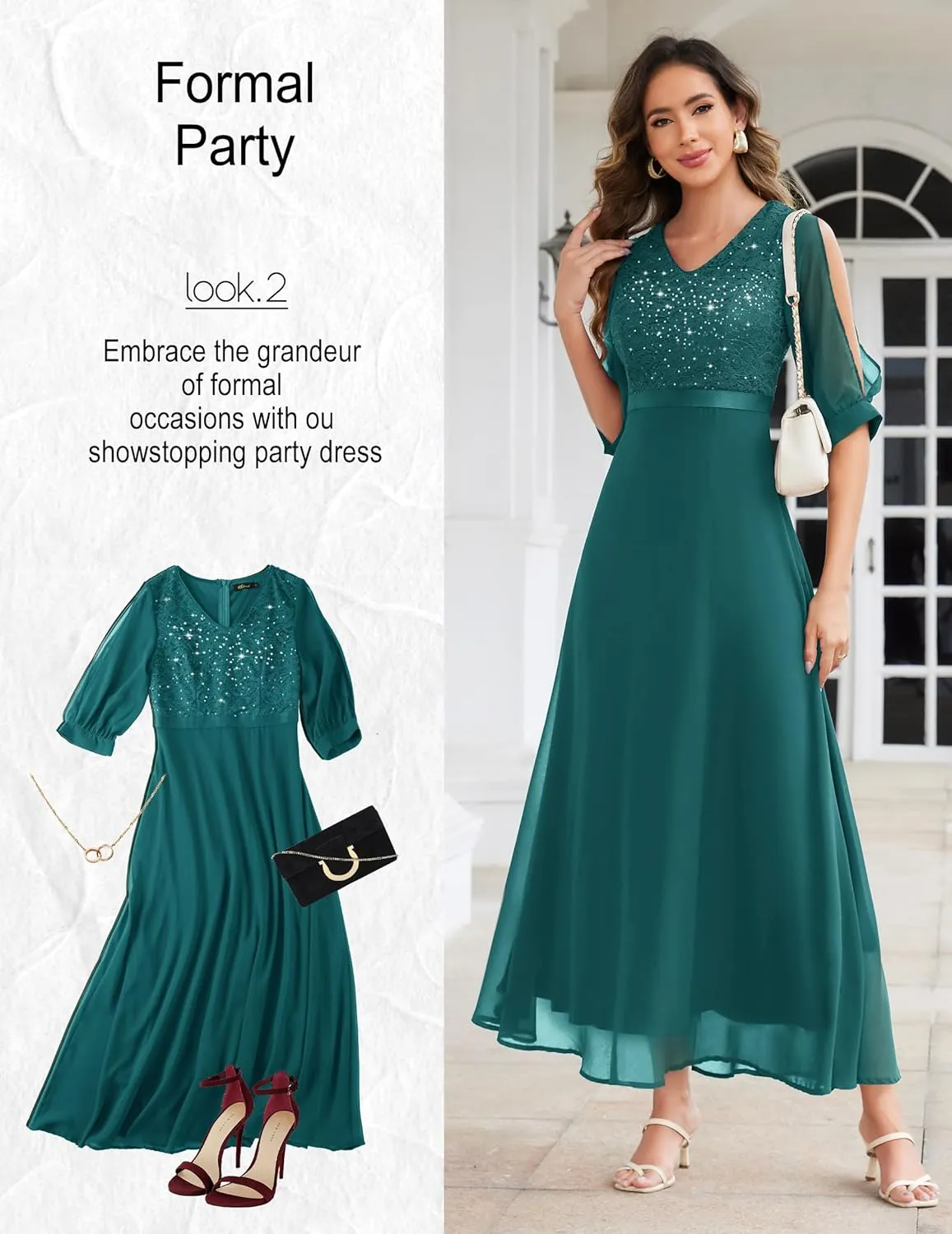 Wedtrend Women's Sequin Dress Sparkly Glitter Dress Split Sleeves Formal Dresses Maxi Evening Dress