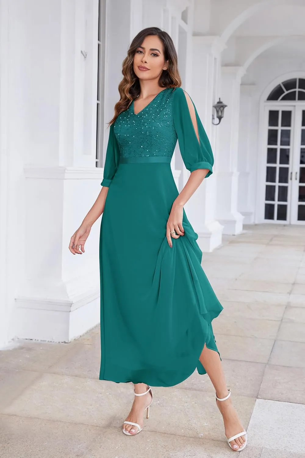 Wedtrend Women's Sequin Dress Sparkly Glitter Dress Split Sleeves Formal Dresses Maxi Evening Dress