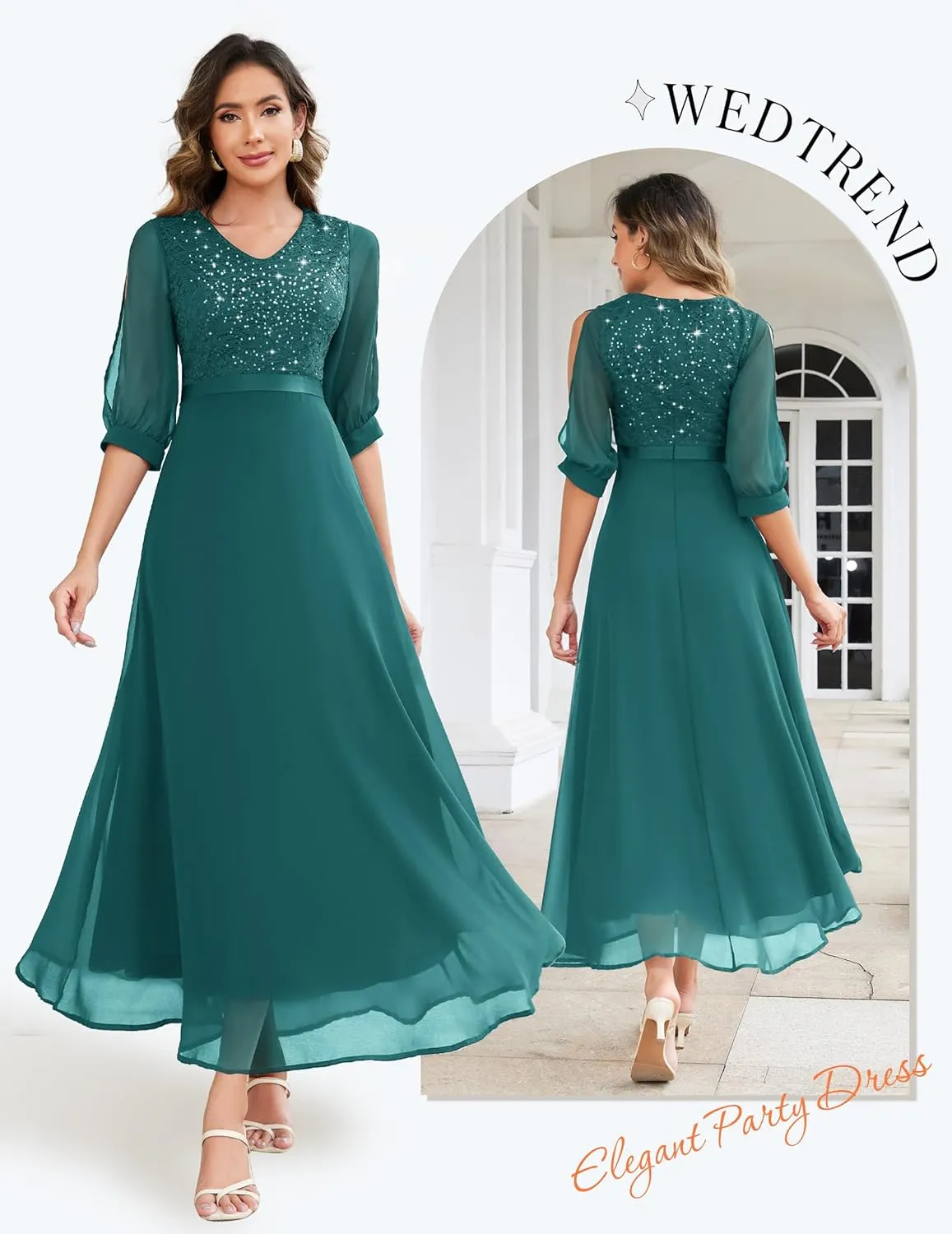 Wedtrend Women's Sequin Dress Sparkly Glitter Dress Split Sleeves Formal Dresses Maxi Evening Dress