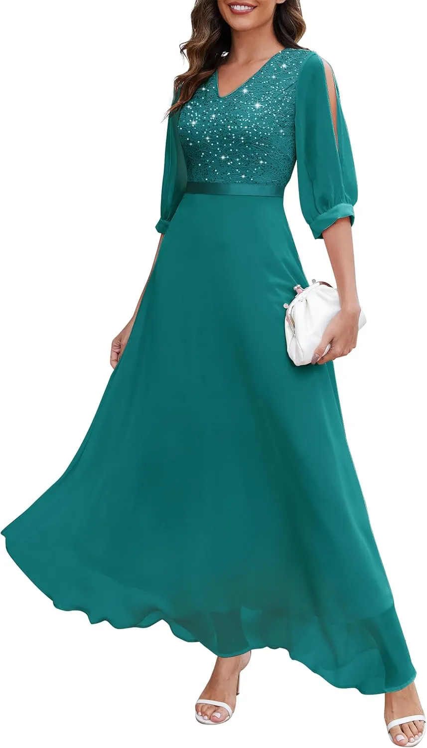 Wedtrend Women's Sequin Dress Sparkly Glitter Dress Split Sleeves Formal Dresses Maxi Evening Dress