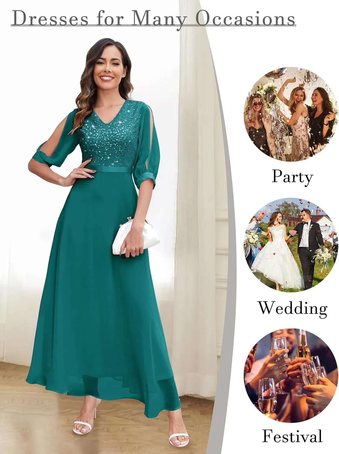 Wedtrend Women's Sequin Dress Sparkly Glitter Dress Split Sleeves Formal Dresses Maxi Evening Dress