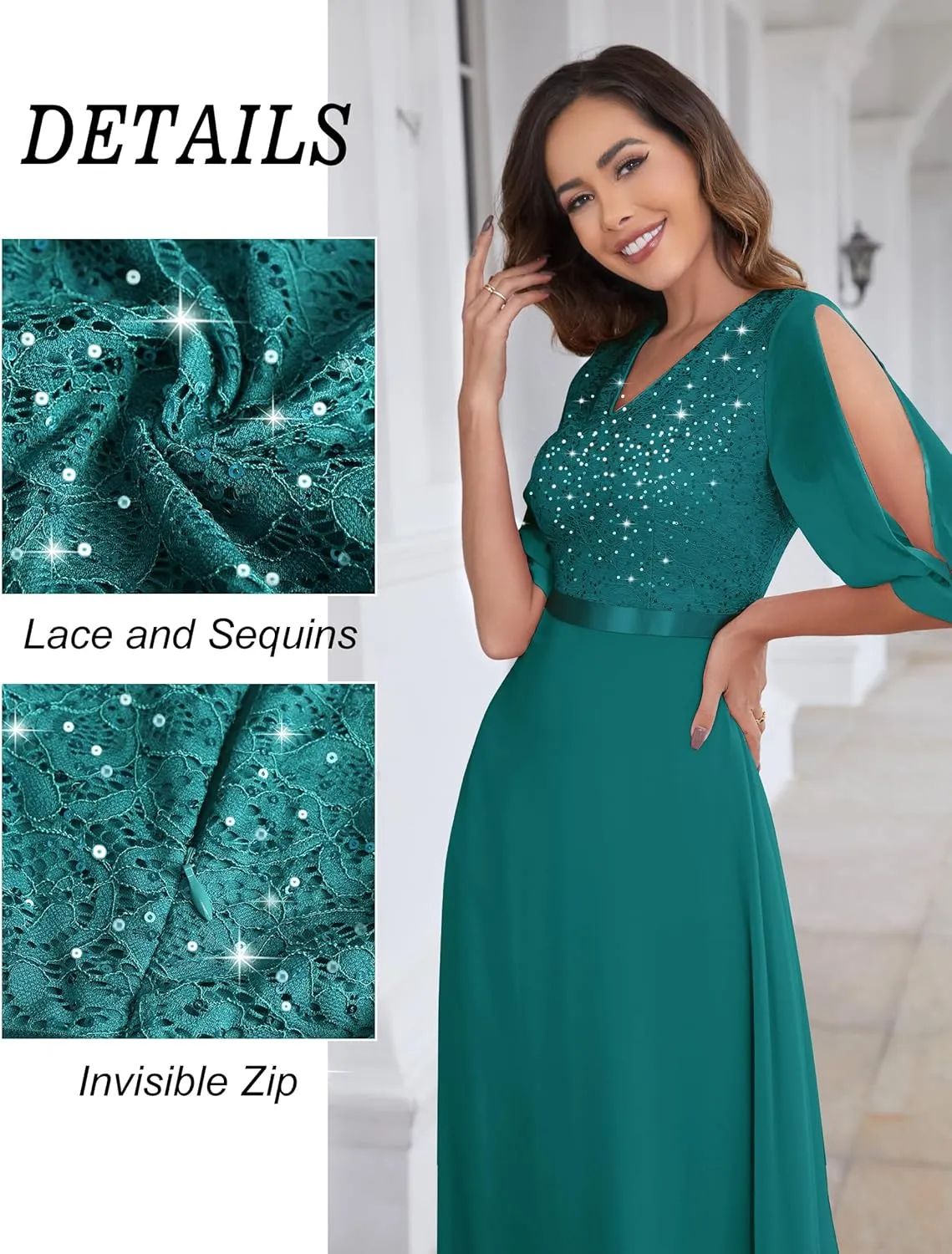 Wedtrend Women's Sequin Dress Sparkly Glitter Dress Split Sleeves Formal Dresses Maxi Evening Dress