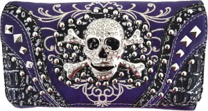 WESTERN ORIGIN Sugar Skull Day of the Dead Cross Bone Studs Punk Gothic Art Rivet Studded Women Wristlet Trifold Wallet (#2 Purple)