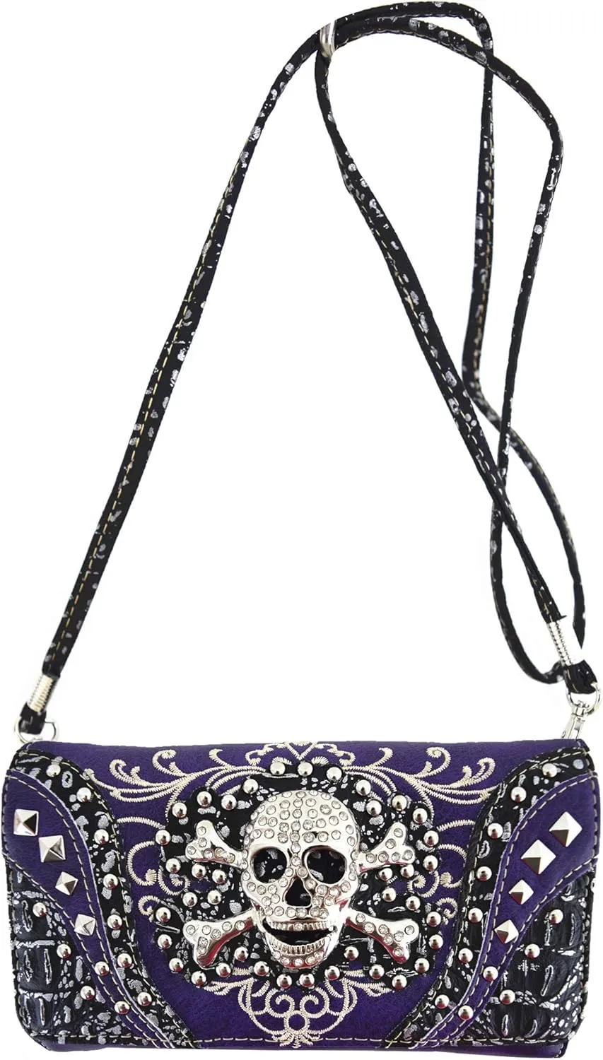 WESTERN ORIGIN Sugar Skull Day of the Dead Cross Bone Studs Punk Gothic Art Rivet Studded Women Wristlet Trifold Wallet (#2 Purple)